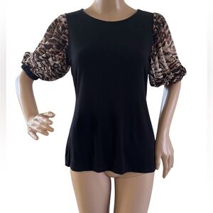 Tahari Black Blouse With Animal Print Sheer Puff Sleeve